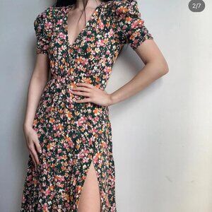 ZARA Women’s XS Floral Buttoned Midi Side Slit Puffed Sleeve Boho Dress